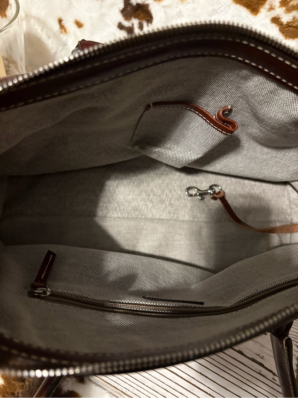 Dooney & Bourke Burnt Orange and Brown Leather-Trim Shoulder Bag with Wristlet - Picture 4 of 9